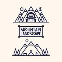 conjunto de paisagem de montanha composto por acampamento, montanhas, mochila e árvore para emblema de acampamento