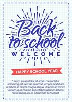 cartão de volta à escola com emblema de cor ciano consistindo de sunburst e sinal de boas-vindas vetor
