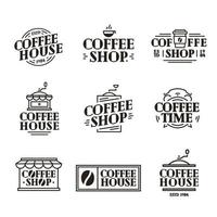 café e logotipo da loja conjunto com xícara de café de papel, estilo de linha de cor preta da máquina vetor