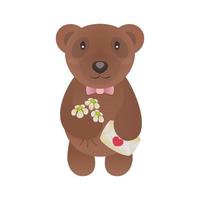 urso dos namorados com flores e linda carta isolada no fundo branco para usar cartão, selos, etiqueta, cartazes e citações românticas. ilustração vetorial vetor