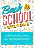 cartão de volta para a escola com etiqueta colorida composta por sinal de boas-vindas no fundo de material escolar vetor