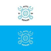 logotipo de reparos automotivos definido com estilo de linha de engrenagem e chave inglesa para oficina de serviços automotivos, conserto de carros vetor