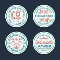 logotipo de acampamento definir linha de cores composta por tenda, peixe, fogo, campista, montanhas, árvores para explorar o emblema vetor