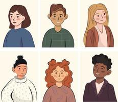 conjunto de ícones pessoas rostos avatares usuários para aplicativos da web cabelo ruivo penteado vermelho loiro pele asiática preto árabe eslavo homem menina menino coleção