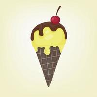sorvete com ilustração vetorial plana em estilo cartoon. bola amarela de sorvete derretido em um cone de waffle. chocolate escuro e cerejas maduras por cima vetor
