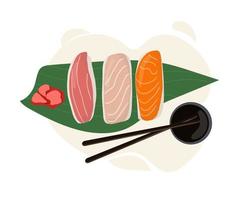 conjunto de pratos tradicionais japoneses de pãezinhos e sushi com frutos do mar. servido em folha de palmeira vetor