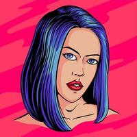mulher bonita com ilustração de estilo cômico de arte pop de cabelo azul vetor