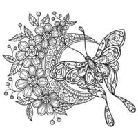 borboleta e lua de flores desenhadas à mão para livro de colorir adulto vetor