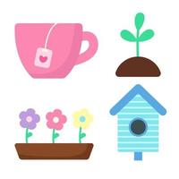 conjunto de elementos de primavera. xícara com chá, planta jovem, flores em vaso e casa de passarinho. imprimir para pacote de adesivos, roupas, têxteis, design sazonal e decoração. ilustração em tons pastel vetor