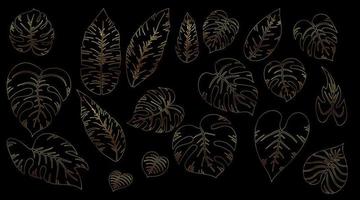 conjunto de folhas exóticas tropicais douradas de linha de diferentes tipos. plantas da selva de contorno. folhas de hibisco, monstera e folhas de palmeira. esboço mão desenhada ilustração vetorial botânica isolada no preto. vetor