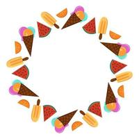 sorvete e frutas vector ilustração de moldura redonda