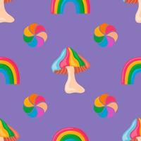 padrão perfeito de vetor de fantasia de arco-íris com cogumelos