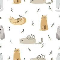 padrão sem emenda de gatos engraçados em branco. mão desenhada ilustração vetorial plana. ótimo para tecidos, papéis de embrulho, papéis de parede, capas. vetor