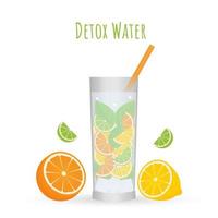 água de desintoxicação em ilustração vetorial de vidro. refrescante bebida cítrica, laranja, limão e rodelas de limão com folhas verdes de hortelã. bebida de verão. conceito de estilo de vida saudável. vetor