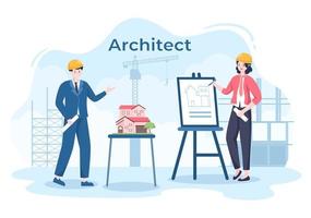 ilustração de desenho animado de arquiteto ou engenheiro usando uma mesa de placa multiuso para esboçar construções de edifícios e conceito de miniaturas de projeto vetor