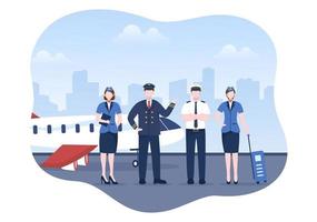 ilustração vetorial de desenho animado piloto com design de plano de fundo de avião, aeromoça, cidade ou aeroporto vetor