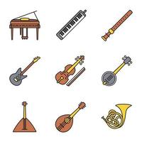 conjunto de ícones de cores de instrumentos musicais. piano, melódica, duduk, guitarra elétrica, viola, banjo, balalaica, bandolim, trompa. ilustrações vetoriais isoladas vetor