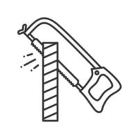 ícone linear de serra. ilustração de linha fina. serra manual cortando tábua de madeira. símbolo de contorno. desenho de contorno isolado de vetor
