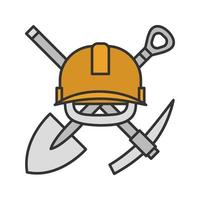 pá cruzada e picareta com ícone de cor de capacete. emblema de mineração. ilustração vetorial isolada vetor