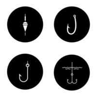 conjunto de ícones de glifo de pesca. bóia de pesca e anzóis. ilustrações vetoriais de silhuetas brancas em círculos pretos vetor