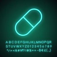 ícone de luz neon de pílula. medicamento. sinal brilhante com alfabeto, números e símbolos. ilustração vetorial isolada