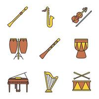 conjunto de ícones de cores de instrumentos musicais. flauta, saxofone, violino, conga, didgeridoo, kendang, piano, harpa, tambor. ilustrações vetoriais isoladas vetor