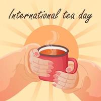 mãos femininas segurando uma xícara de chá. dia internacional do chá. caneca vermelha com bebida quente. ilustração de casa aconchegante