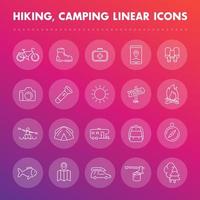 caminhadas, camping, conjunto de ícones de linha ao ar livre, bota, lanterna, barraca, mapa, trilha, caiaque, floresta, pesca, viagem, campista vetor