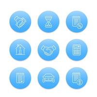 leasing, empréstimo, conjunto de ícones de linha de negócio, pictogramas azuis redondos vetor