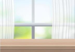 mesa de madeira vazia estão na frente do vidro da janela e cortina. para sua marca de cópia. usado para produtos de exibição ou montagem. conceito de mesa de madeira de estilo moderno branco. ilustração vetorial 3d realista.