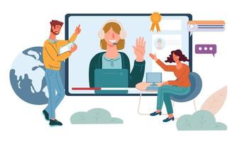 webinar, treinamento on-line ou banner de seminário baseado na internet com personagens de desenhos animados de pessoas usando tecnologia de comunicação à distância. e-learning e educação remota. ilustração vetorial plana isolada. vetor