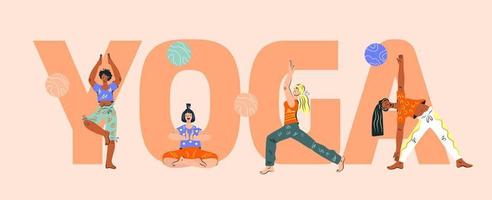 banner de ioga feminino com letras e personagens de pessoas praticando asana. aulas de meditação e estúdio de ioga, modelo de banner da web de cursos. ilustração vetorial plana. vetor