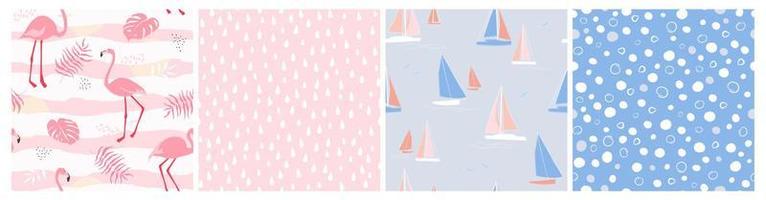 um conjunto de padrões sem costura com pássaros flamingo, folhas de palmeira, mar e barcos com velas. formas abstratas simples de gotas de água e bolhas. gráficos vetoriais. vetor