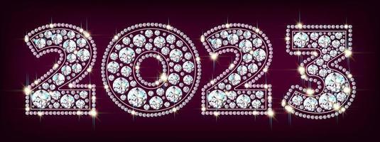 ano novo 2023 números luxuosos de pedras preciosas de diamante brilhando contra um fundo de confetes prateados caindo. fundo vermelho, ilustração vetorial. vetor