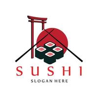 vetor de logotipo de comida de sushi japonês, com uma variedade de carne de frutos do mar, design de fundo adequado para adesivos, serigrafia, banners, flayers, empresas