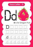 planilha de pré-escola de letra de rastreamento de alfabeto a a z com nome de fruta vetor