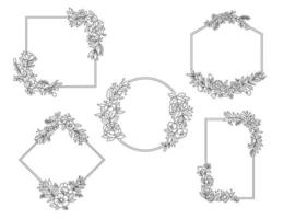 divisor de borda floral de folha de ícone de moldura de linha colorida isolada com flor rosa ou vermelha circular, retângulo ou hexágono para salvar a data convite de nome de etiqueta de casamento vetor