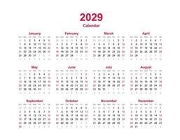 modelo de ano civil 2029. conjunto de calendário de doze meses. vetor