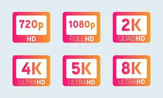hd, full hd, qhd, uhd, 2k, 4k, 5k, 8k vídeo ou sinais de resolução de tela. vetor