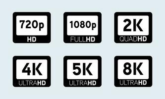 definir tv de tela com ícone de tecnologia de vídeo 4k ultra hd. conjunto de ícones de qualidade ou resolução de vídeo hd, full hd, qhd, uhd, 2k, 4k, 5k, 8k. vetor