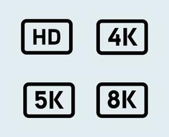 ícones de resolução de vídeo ou tela hd, 4k, 5k, 8k. vetor