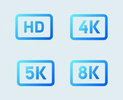 ícones de resolução de vídeo ou tela hd, 4k, 5k, 8k. sinal de resolução de gradiente.
