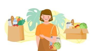 garota segurando o saco de tartaruga com merceeiro verde. conjunto de sacos reutilizáveis e caixa de papelão de frutas, legumes, leite, pão. produtos alimentícios em embalagens ecológicas e de papel de reutilização. Produtos orgânicos da fazenda. vetor