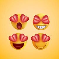 emojis e emoticons enfrentam conjunto de vetores. emoticon de rostos amarelos bonitos em beijos, apaixonados, chorando, surpresa e expressões faciais felizes isoladas em fundo branco. ilustração vetorial. vetor