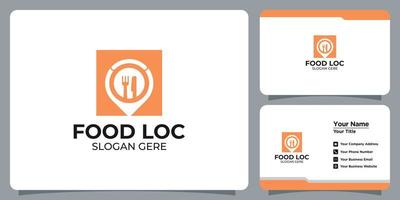 comida minimalista e logotipo de localização definido com marca de cartão de visita vetor