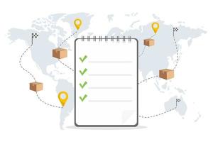 pedidos atendidos, entrega rápida de encomendas. rede logística global. mapa-múndi com movimentação de carga. vetor