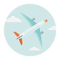 ícone de avião de passageiros com nuvens sobre um fundo azul. vetor