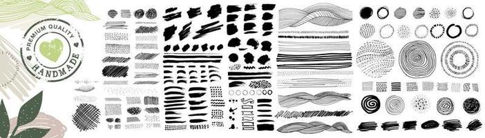 conjunto de elementos gráficos desenhados à mão, pinceladas, texturas e padrões para produtos orgânicos e naturais. vetor