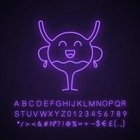 ícone de luz neon emoji bexiga urinária feliz. trato urinário saudável. saúde do sistema urinário. sinal brilhante com alfabeto, números e símbolos. ilustração vetorial isolada vetor