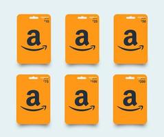 conjunto de cartões de presente da amazônia. cartão-presente amazônico realista laranja com sombra conjunto 10, 25, 50, 75, 100, 200. cartão-presente plástico isolado no fundo branco.